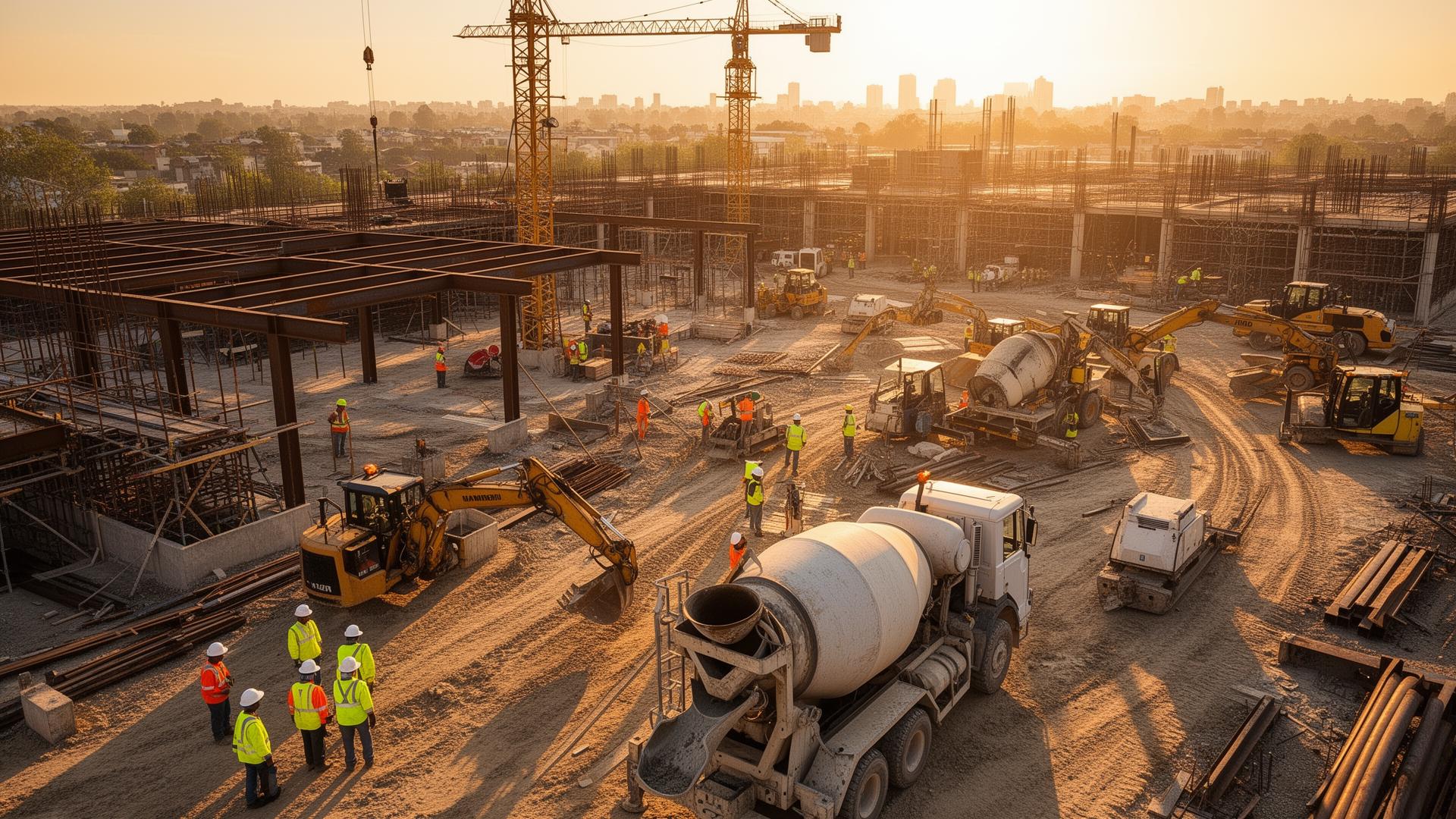 Canteiro de obras com equipamentos de construção civil